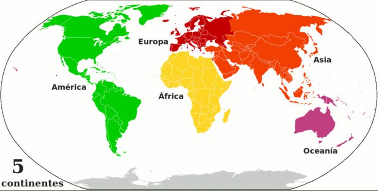 5 continenes en el mapa mundi